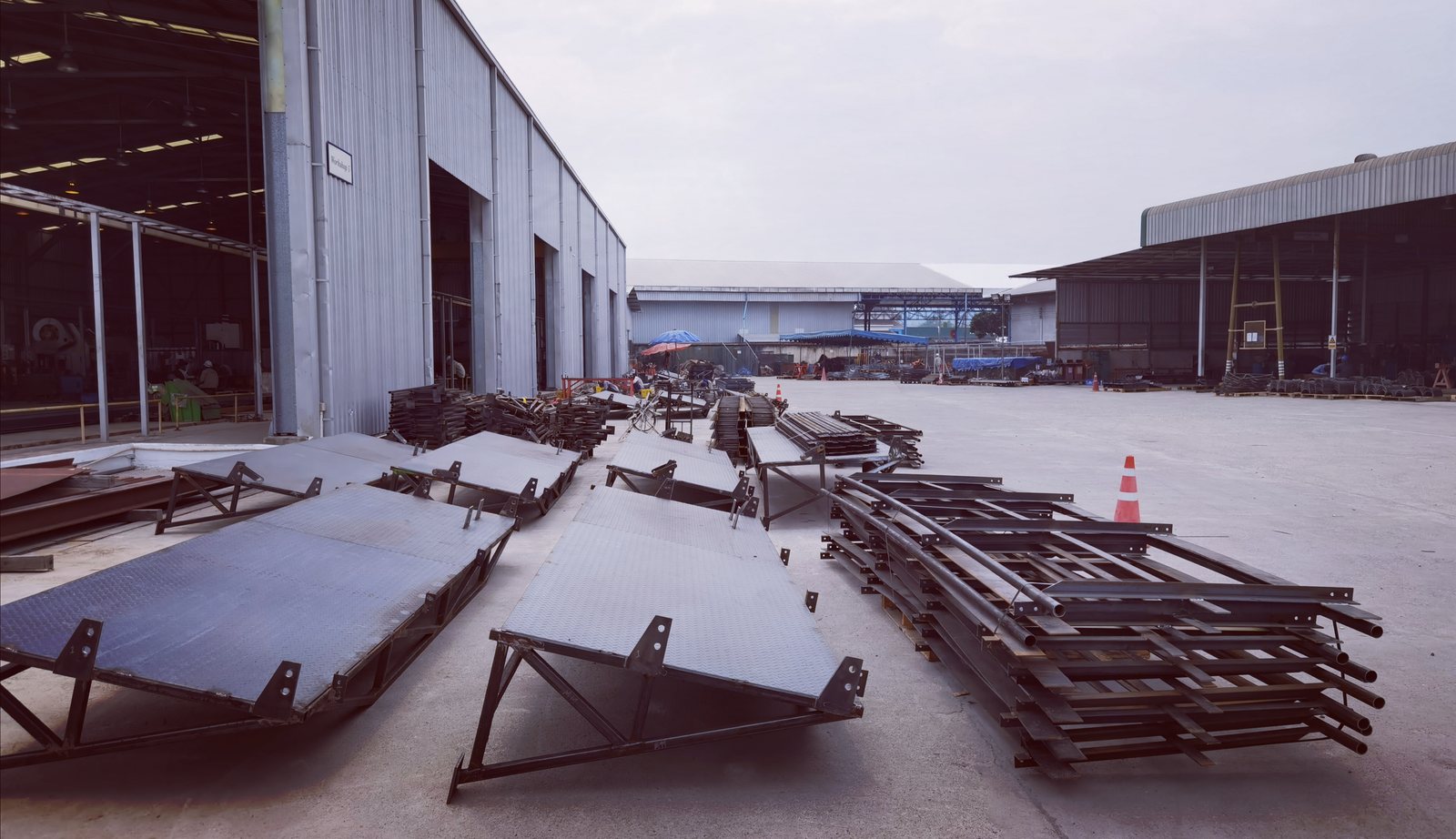 Steel plate and sections laid out in the fabrication shop