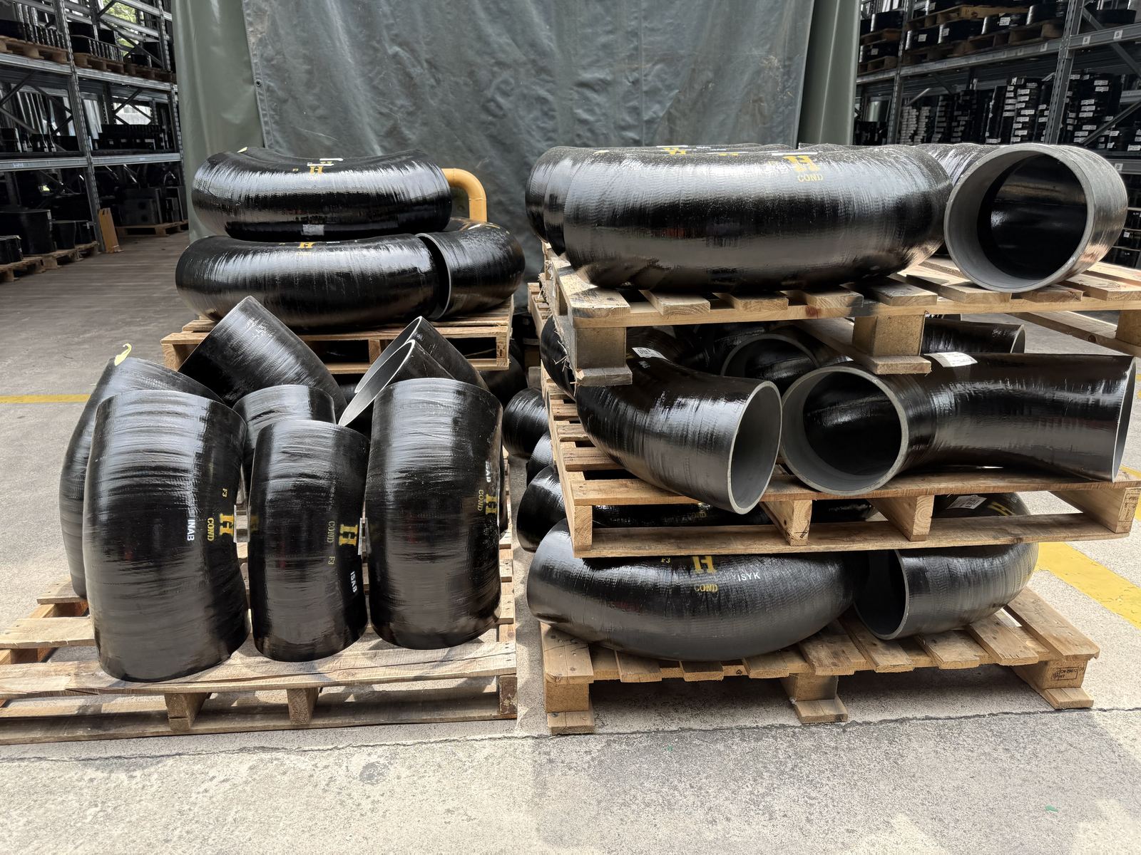 GRE fittings and bends on pallets ready for despatch