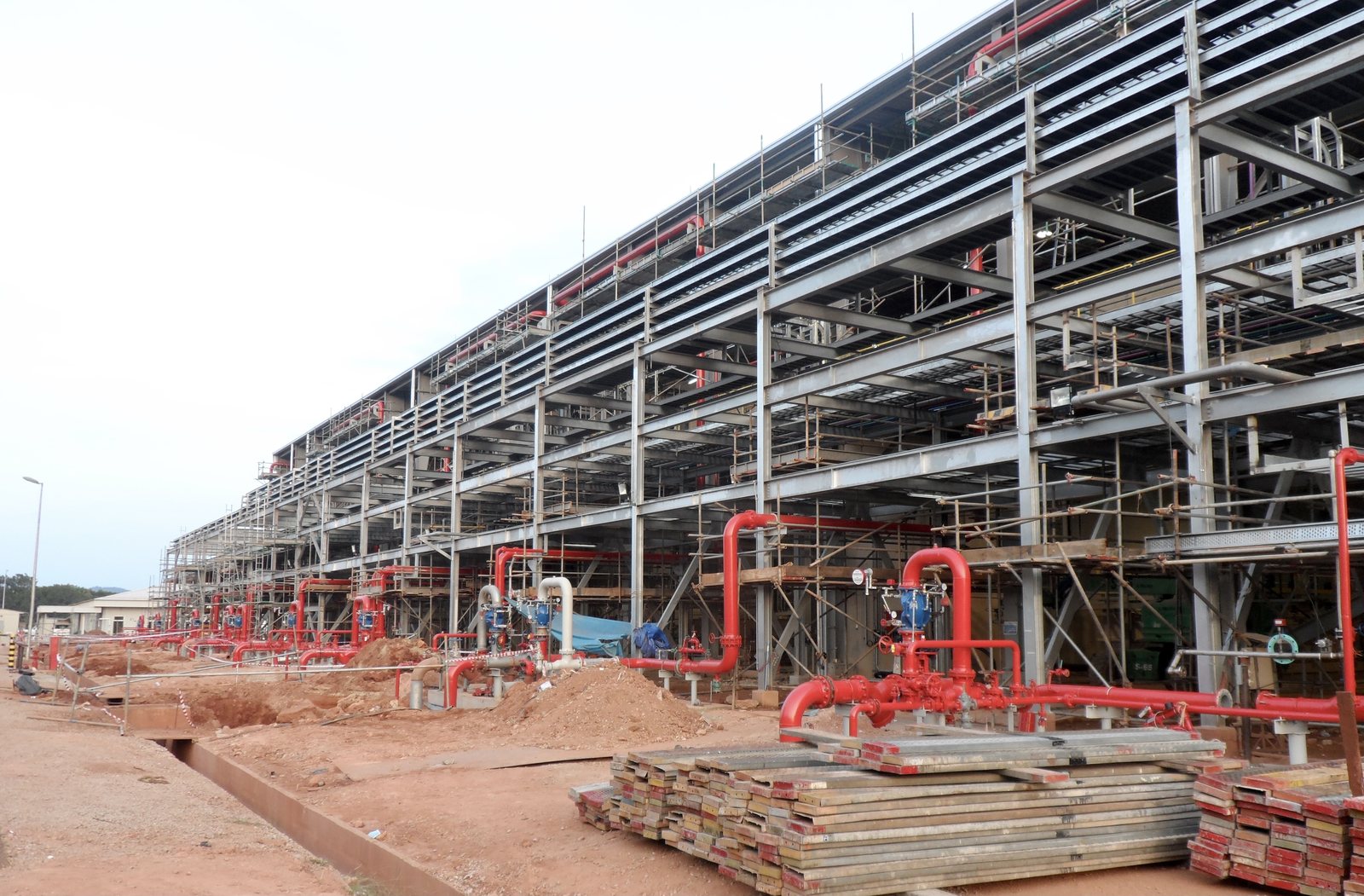 Scaffolding erected around a plant pipe rack